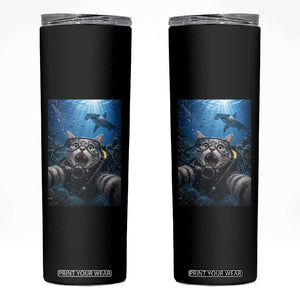Funny Scuba Diving Cat Selfie With Hammerhead Shark Skinny Tumbler