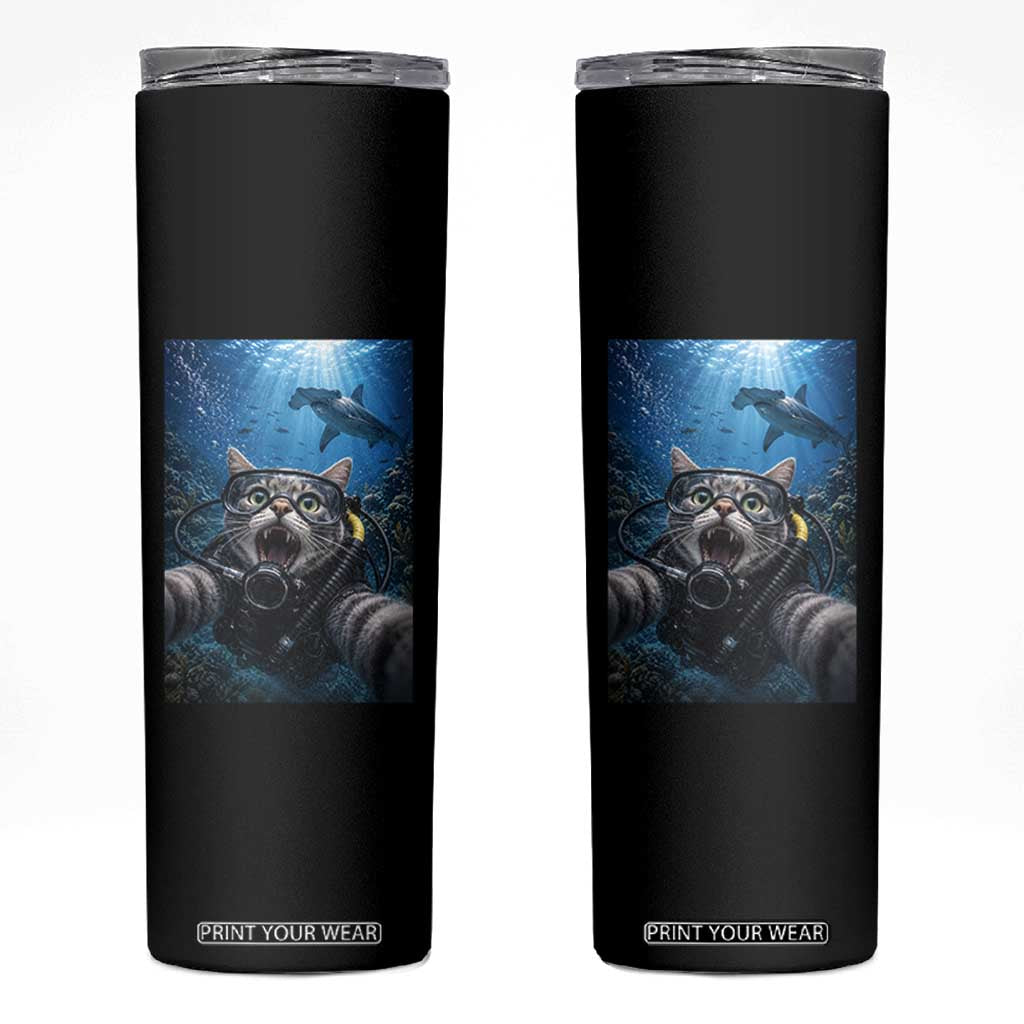 Funny Scuba Diving Cat Selfie With Hammerhead Shark Skinny Tumbler TS12 Black Print Your Wear