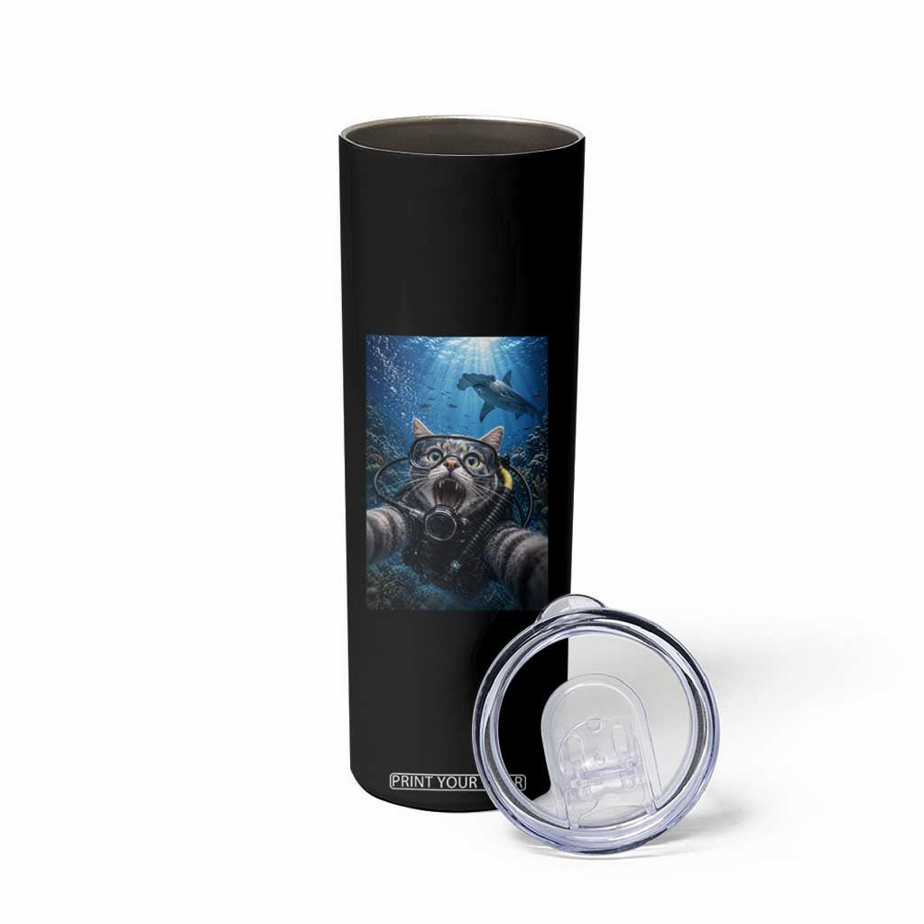 Funny Scuba Diving Cat Selfie With Hammerhead Shark Skinny Tumbler