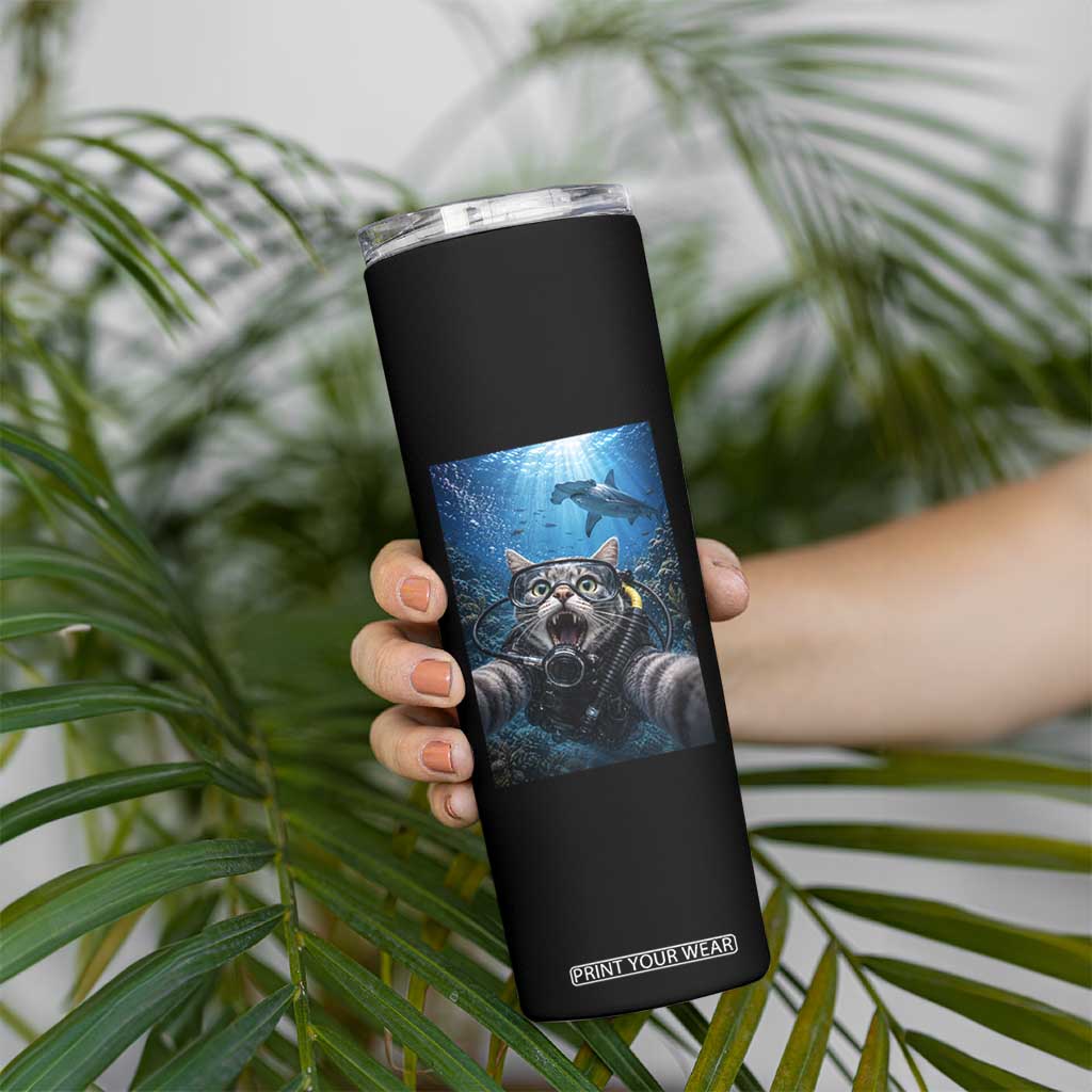 Funny Scuba Diving Cat Selfie With Hammerhead Shark Skinny Tumbler