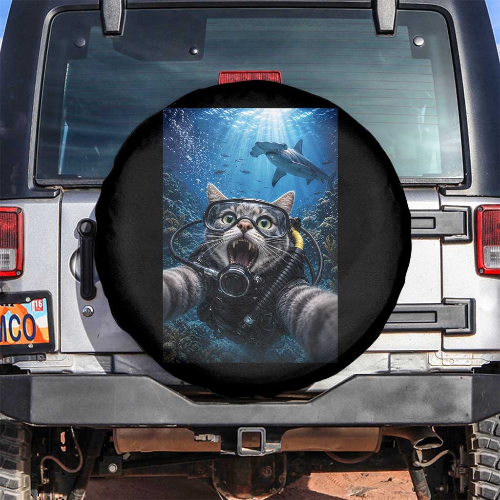 Funny Scuba Diving Cat Selfie With Hammerhead Shark Spare Tire Cover