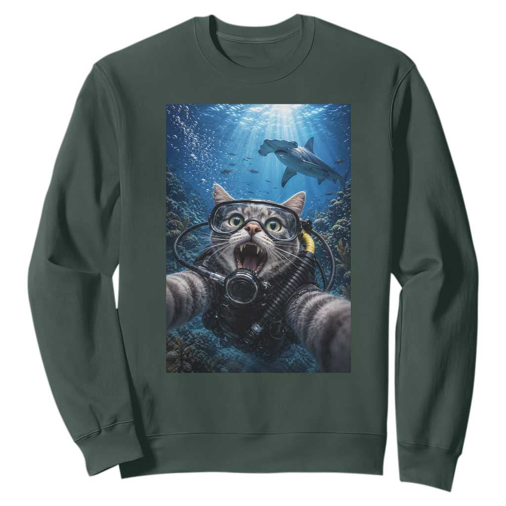 Funny Scuba Diving Cat Selfie With Hammerhead Shark Sweatshirt