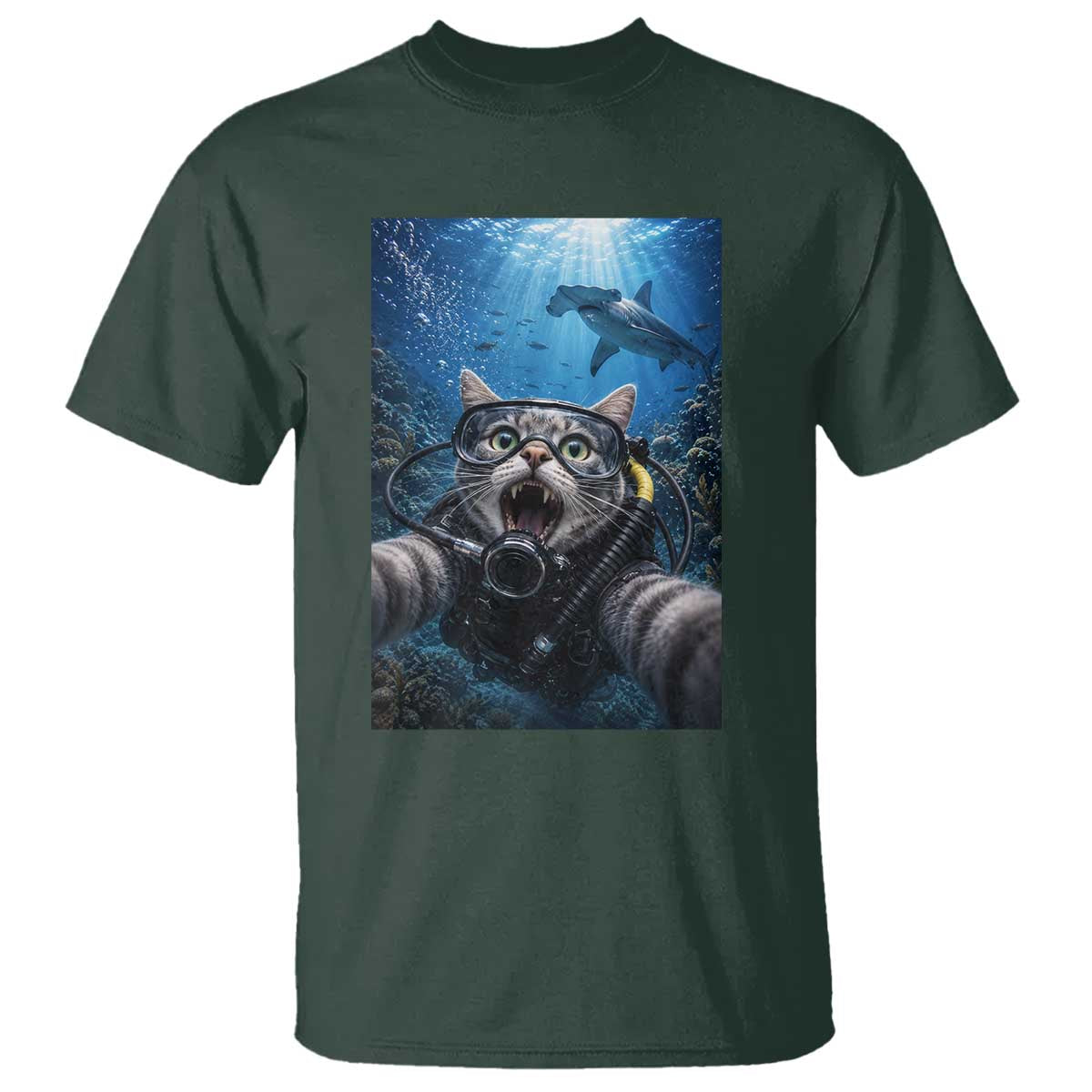 Funny Scuba Diving Cat Selfie With Hammerhead Shark T Shirt