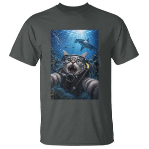 Funny Scuba Diving Cat Selfie With Hammerhead Shark T Shirt