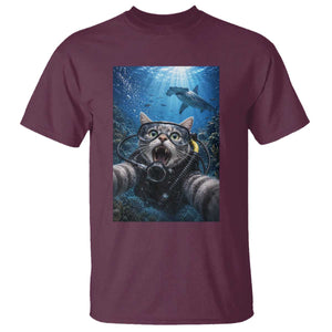 Funny Scuba Diving Cat Selfie With Hammerhead Shark T Shirt