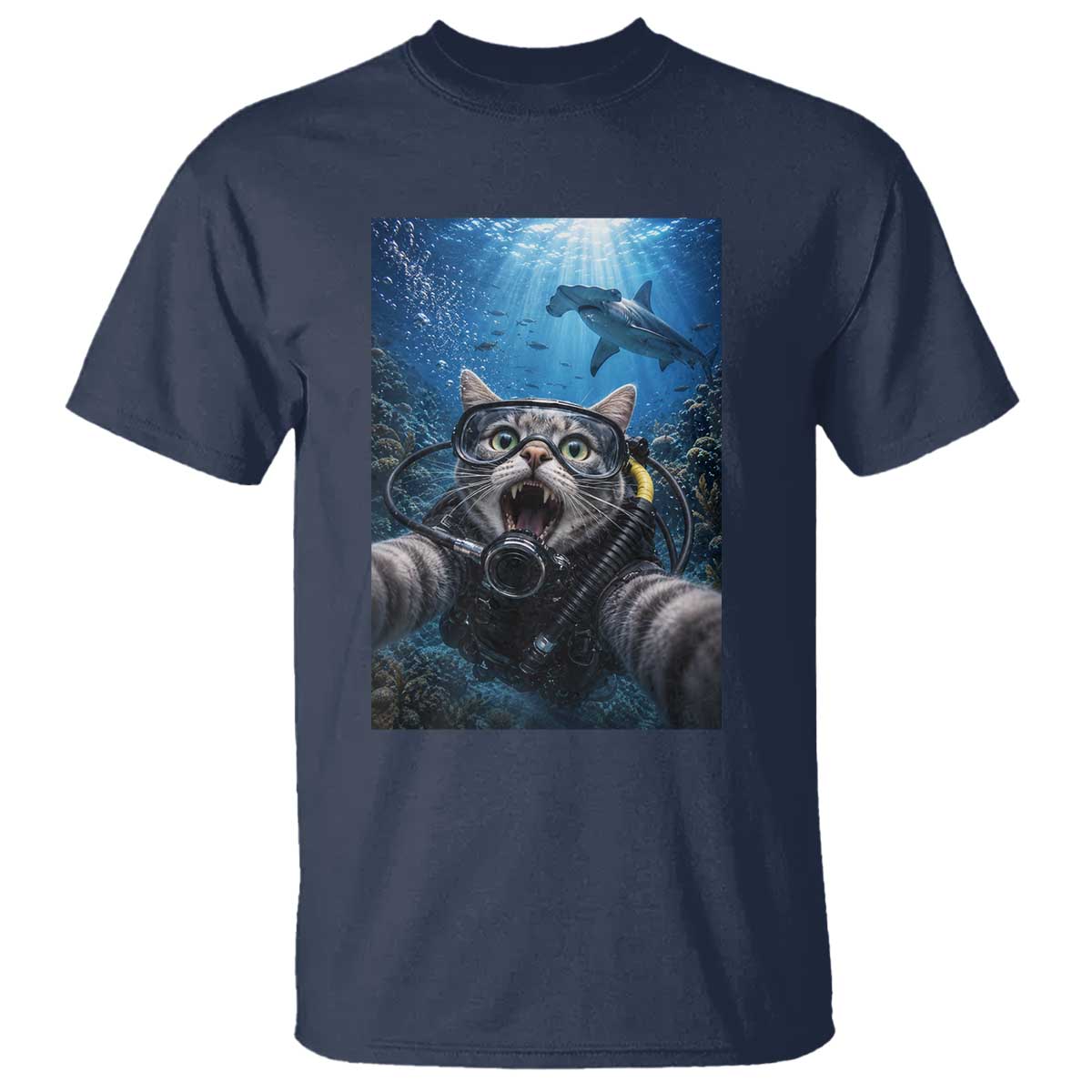 Funny Scuba Diving Cat Selfie With Hammerhead Shark T Shirt