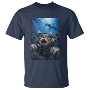 Funny Scuba Diving Cat Selfie With Hammerhead Shark T Shirt