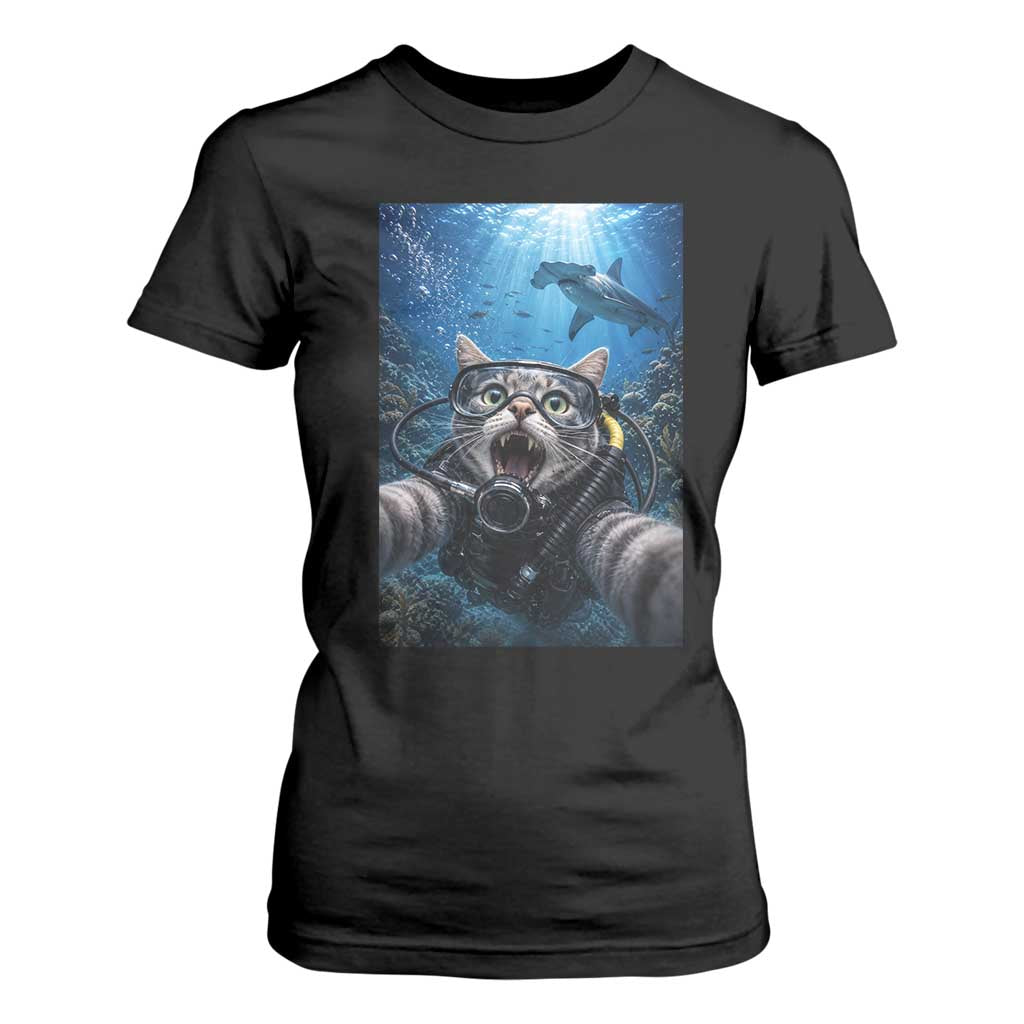Funny Scuba Diving Cat Selfie With Hammerhead Shark T Shirt For Women
