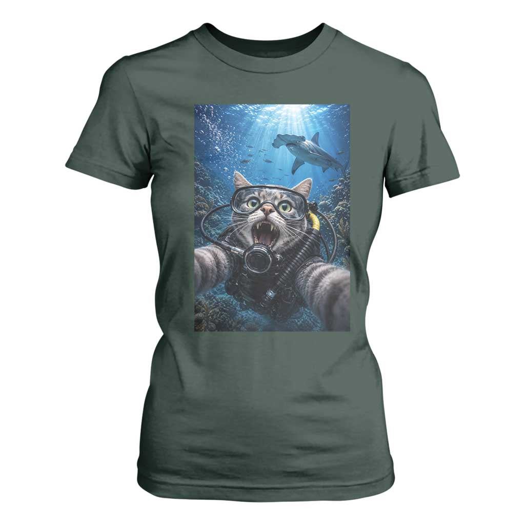 Funny Scuba Diving Cat Selfie With Hammerhead Shark T Shirt For Women