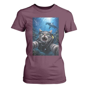 Funny Scuba Diving Cat Selfie With Hammerhead Shark T Shirt For Women