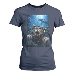 Funny Scuba Diving Cat Selfie With Hammerhead Shark T Shirt For Women