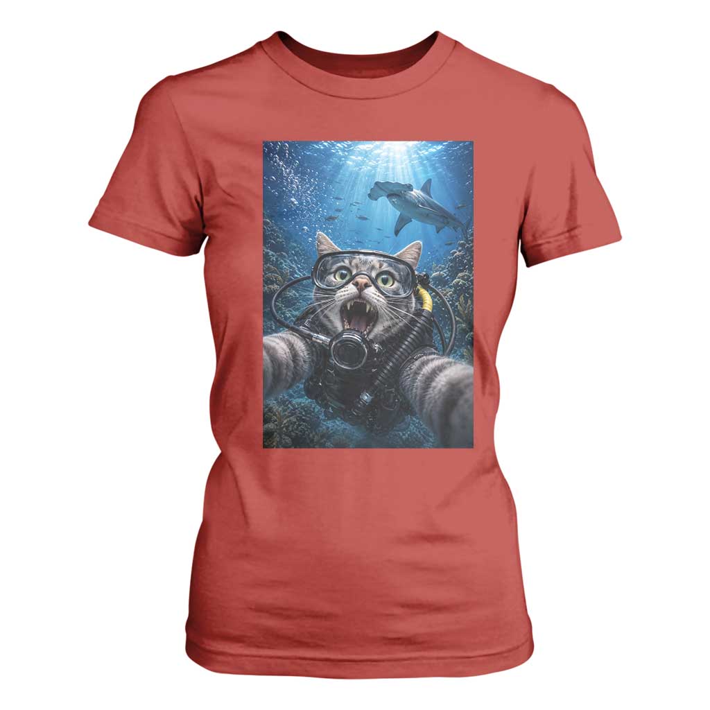 Funny Scuba Diving Cat Selfie With Hammerhead Shark T Shirt For Women