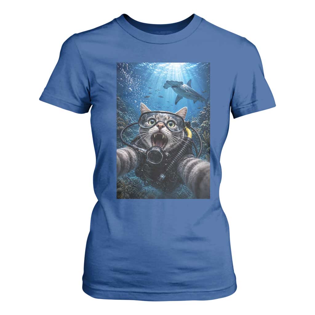Funny Scuba Diving Cat Selfie With Hammerhead Shark T Shirt For Women