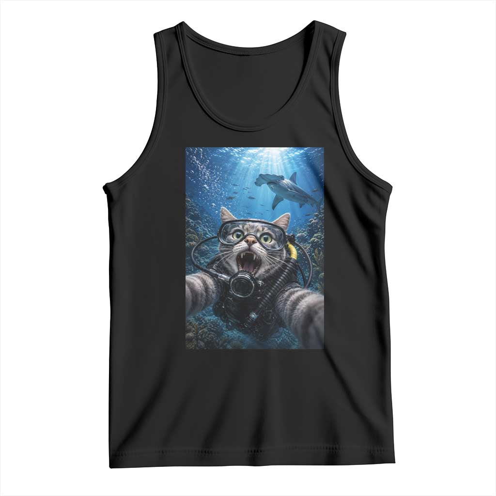 Funny Scuba Diving Cat Selfie With Hammerhead Shark Tank Top TS12 Black Print Your Wear