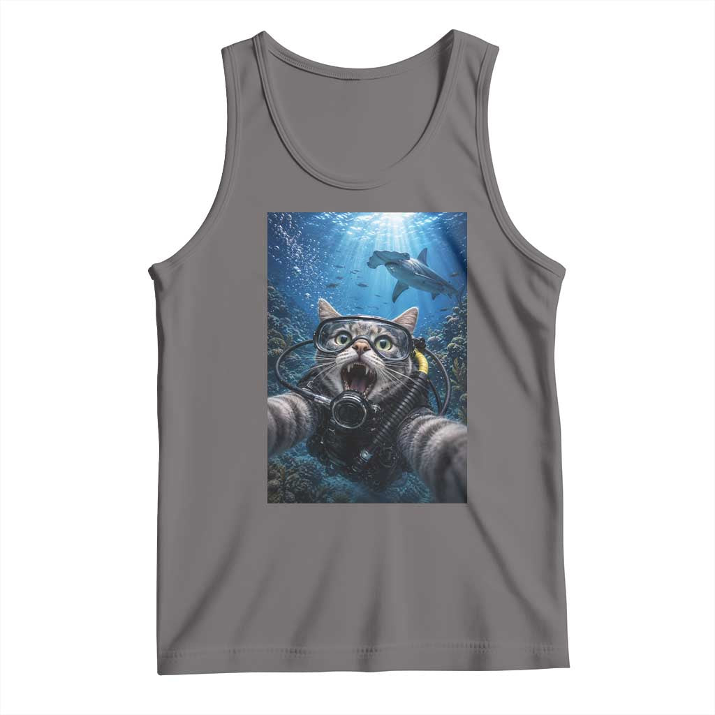 Funny Scuba Diving Cat Selfie With Hammerhead Shark Tank Top