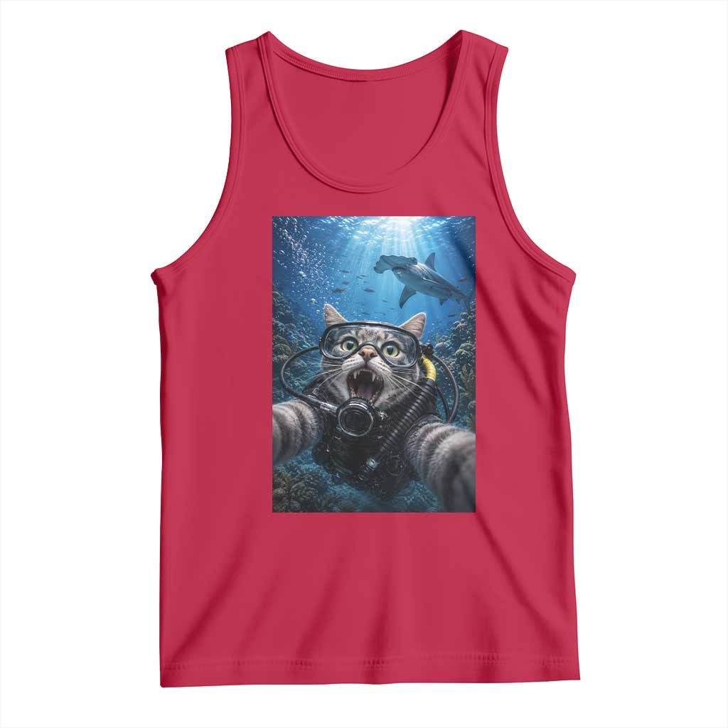 Funny Scuba Diving Cat Selfie With Hammerhead Shark Tank Top