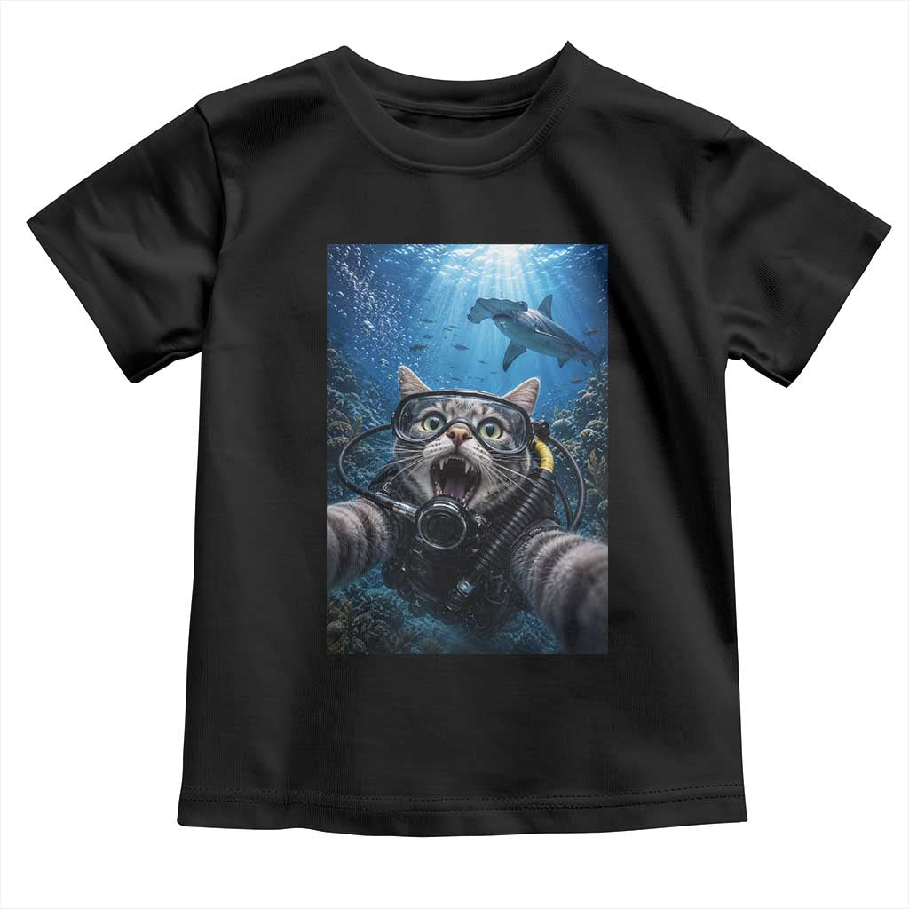 Funny Scuba Diving Cat Selfie With Hammerhead Shark Toddler T Shirt TS12 Black Print Your Wear