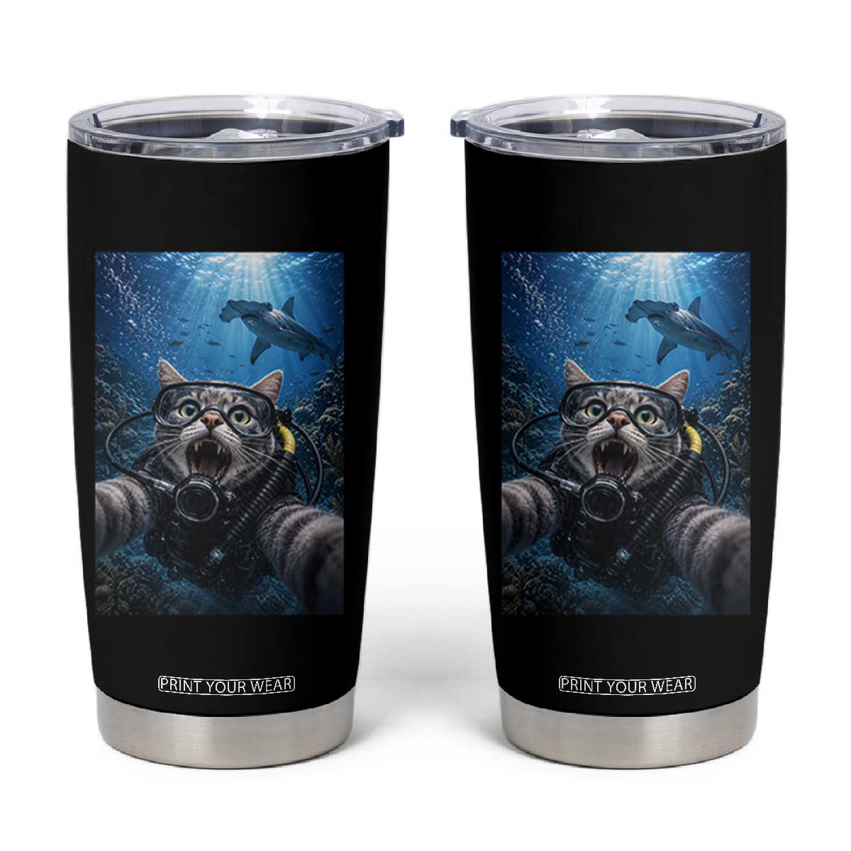 Funny Scuba Diving Cat Selfie With Hammerhead Shark Tumbler Cup