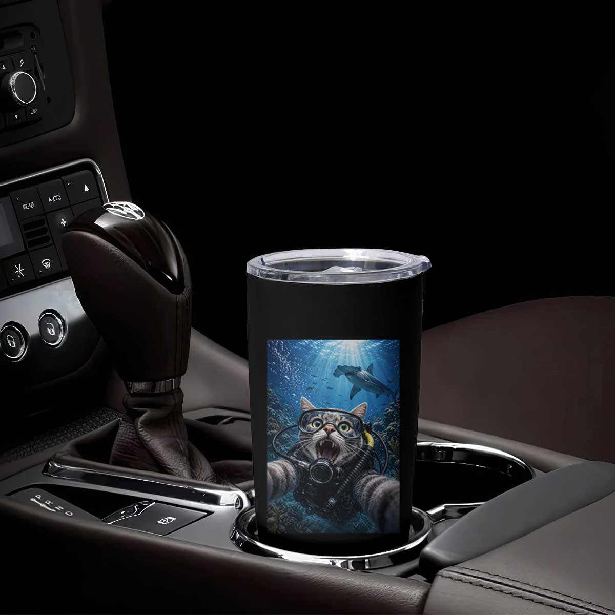 Funny Scuba Diving Cat Selfie With Hammerhead Shark Tumbler Cup