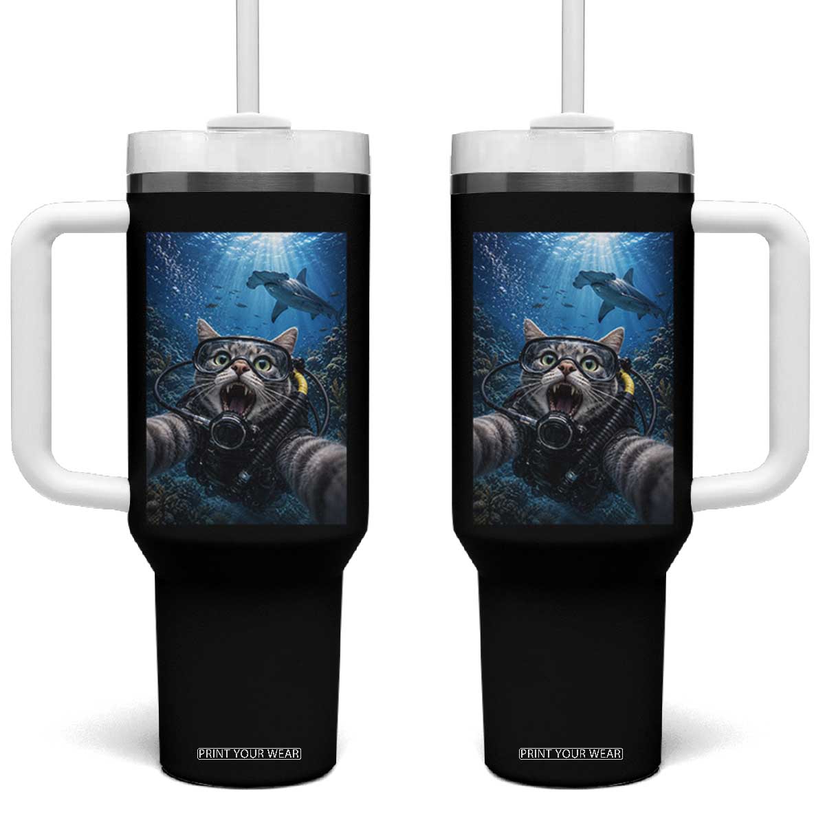 Funny Scuba Diving Cat Selfie With Hammerhead Shark Tumbler With Handle