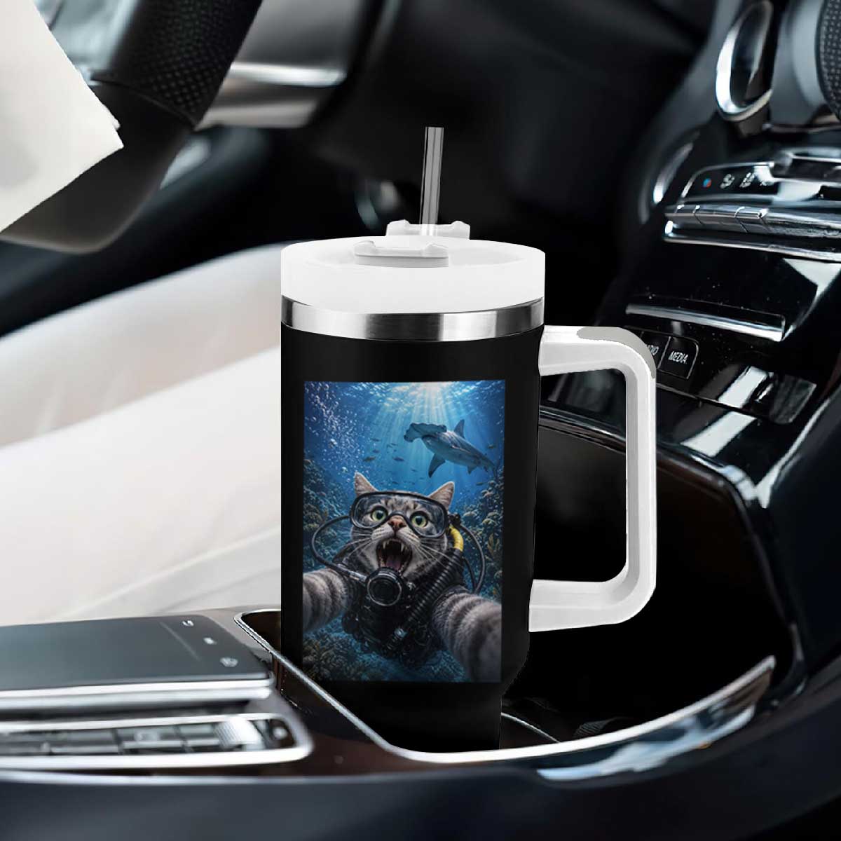 Funny Scuba Diving Cat Selfie With Hammerhead Shark Tumbler With Handle