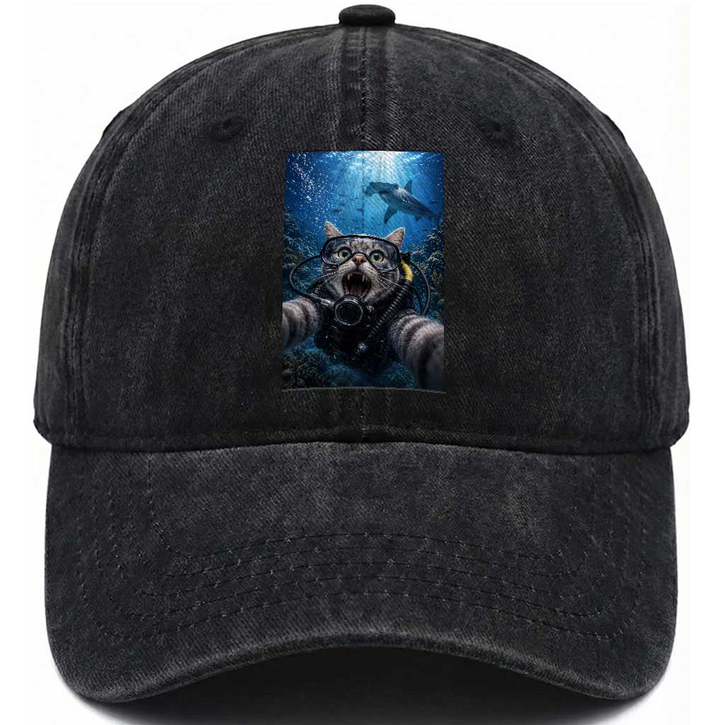 Funny Scuba Diving Cat Selfie With Hammerhead Shark Washed Cotton Baseball Cap TS12 Print Your Wear