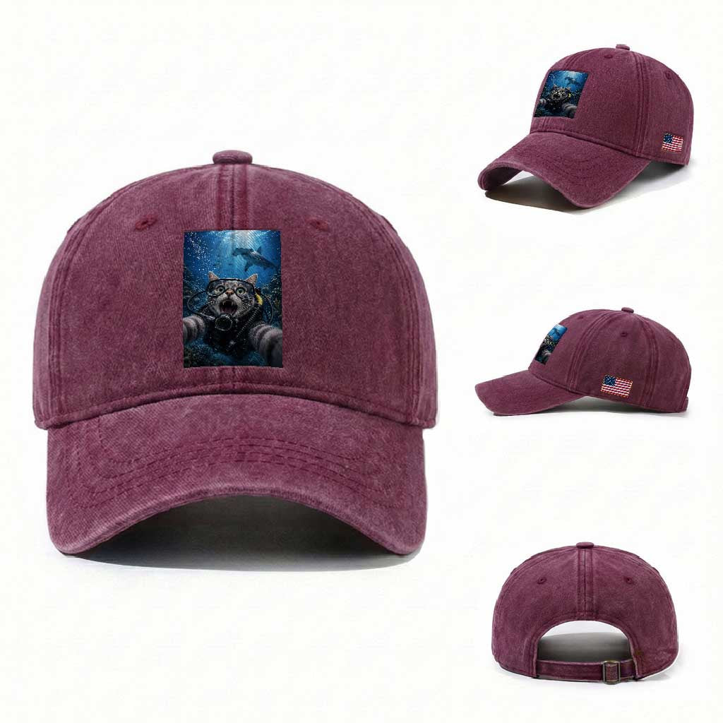 Funny Scuba Diving Cat Selfie With Hammerhead Shark Washed Cotton Baseball Cap