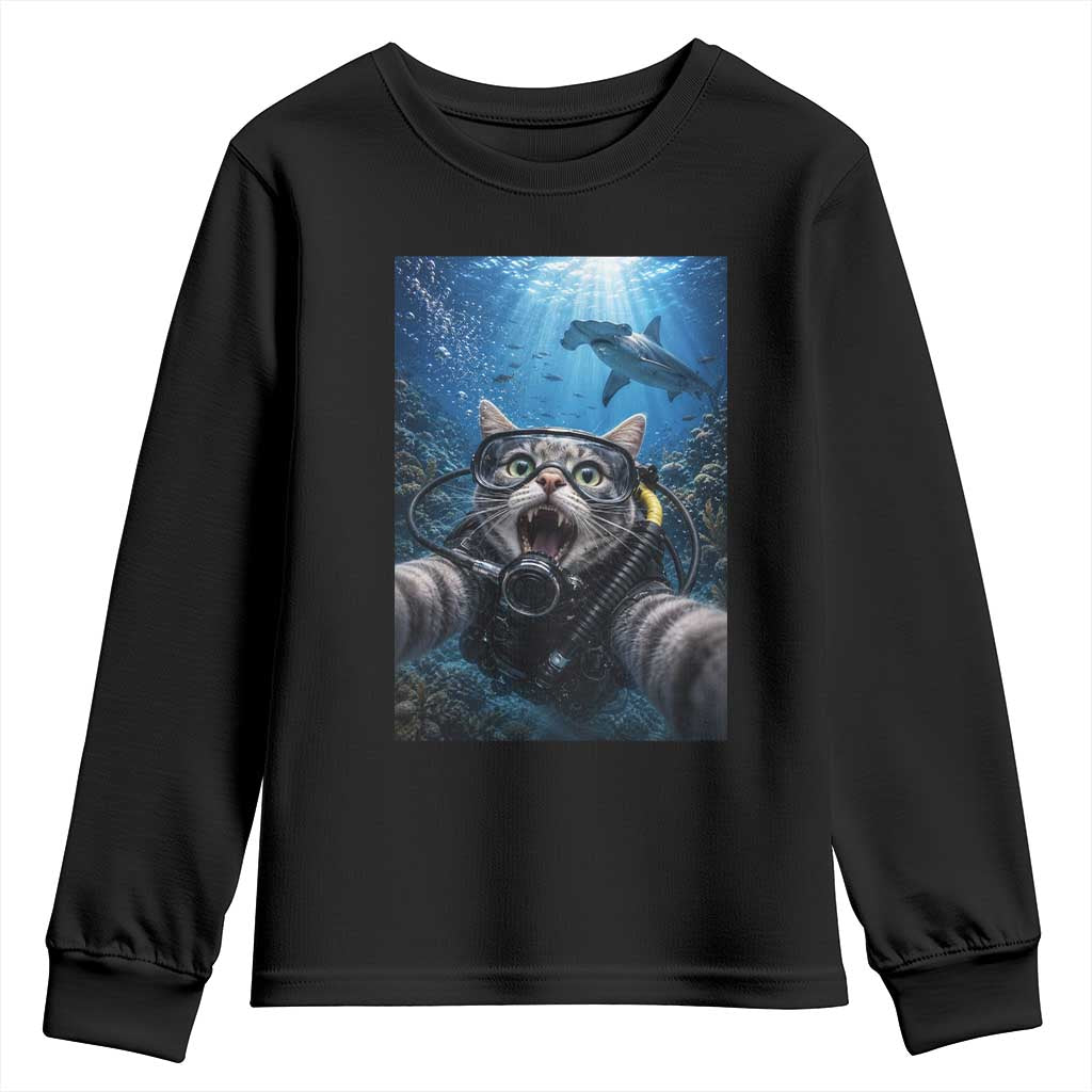 Funny Scuba Diving Cat Selfie With Hammerhead Shark Youth Sweatshirt TS12 Black Print Your Wear