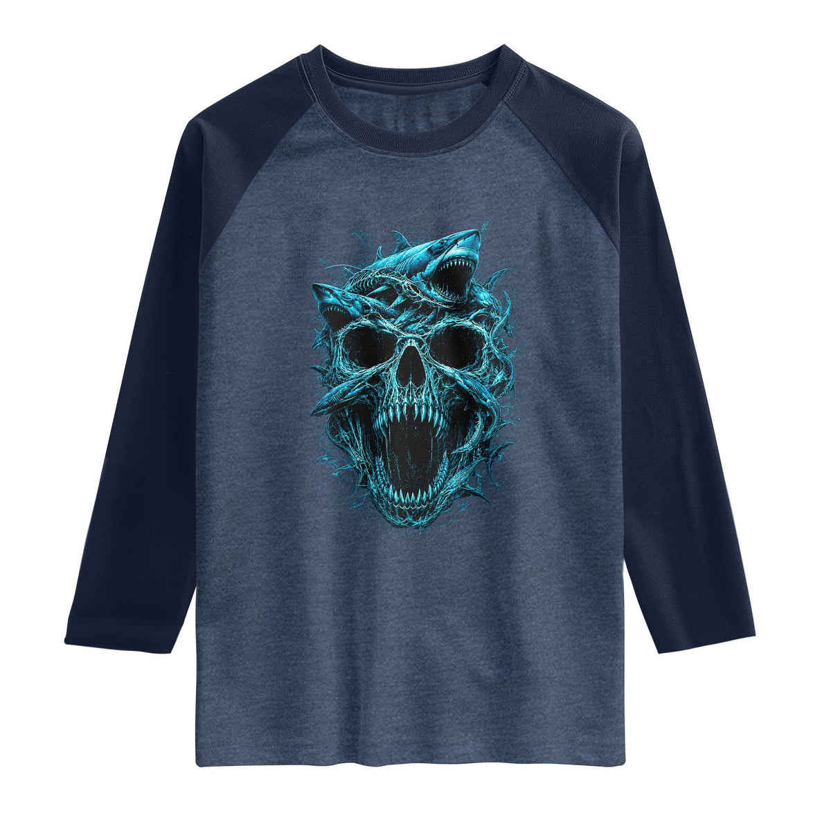 Vintage Great White Shark Skull Raglan Shirt Deep Sea Horror Art