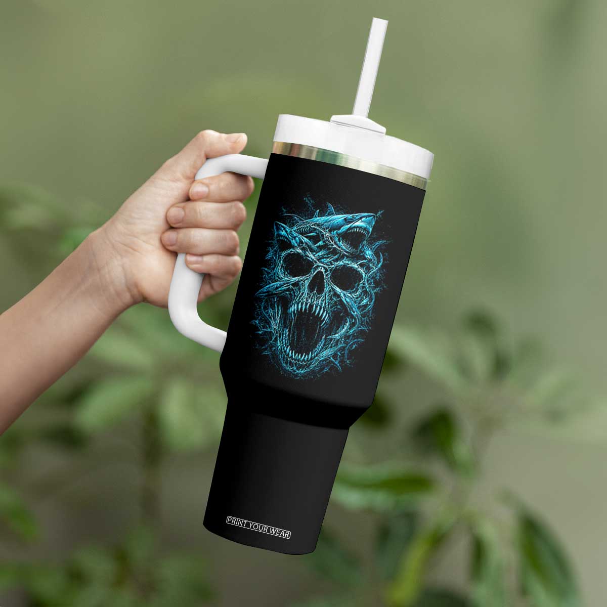 Vintage Great White Shark Skull Tumbler With Handle Deep Sea Horror Art