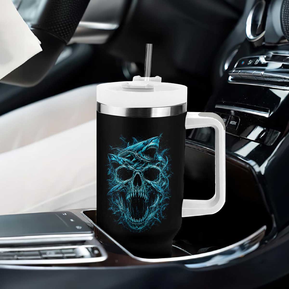 Vintage Great White Shark Skull Tumbler With Handle Deep Sea Horror Art