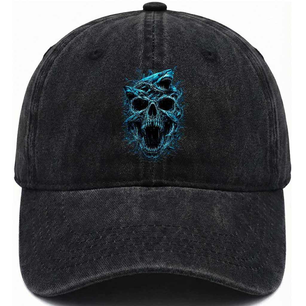 Vintage Great White Shark Skull Washed Cotton Baseball Cap Deep Sea Horror Art TS12 Print Your Wear