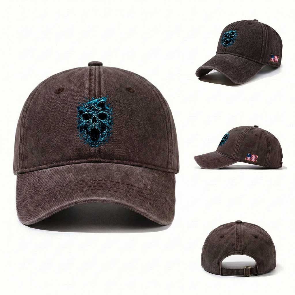 Vintage Great White Shark Skull Washed Cotton Baseball Cap Deep Sea Horror Art