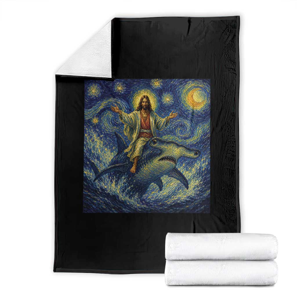 Funny Christian Jesus Riding Hammerhead Shark Throw Blanket Starry Night Inspired Art
