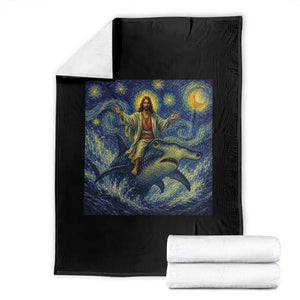 Funny Christian Jesus Riding Hammerhead Shark Throw Blanket Starry Night Inspired Art