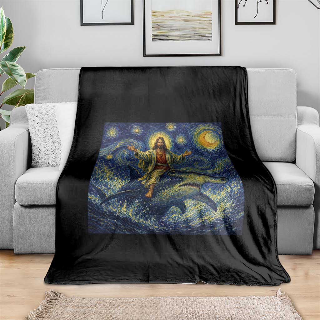 Funny Christian Jesus Riding Hammerhead Shark Throw Blanket Starry Night Inspired Art