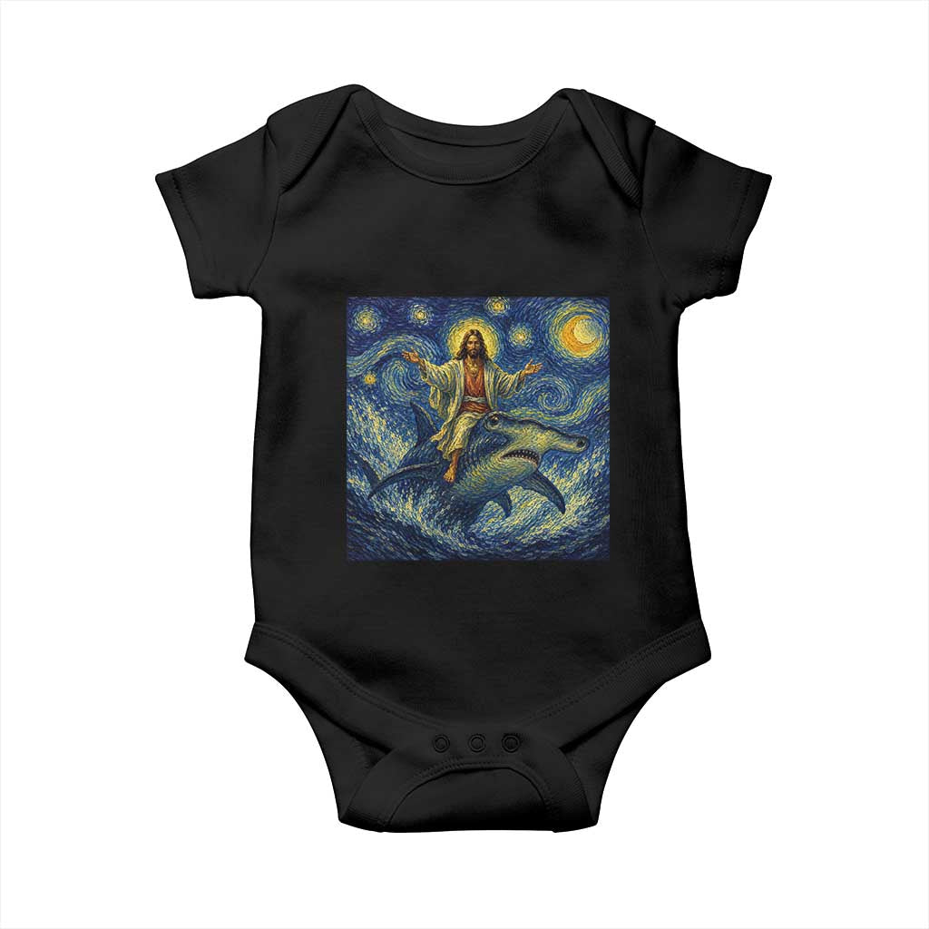 Funny Christian Jesus Riding Hammerhead Shark Baby Onesie Starry Night Inspired Art