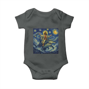 Funny Christian Jesus Riding Hammerhead Shark Baby Onesie Starry Night Inspired Art