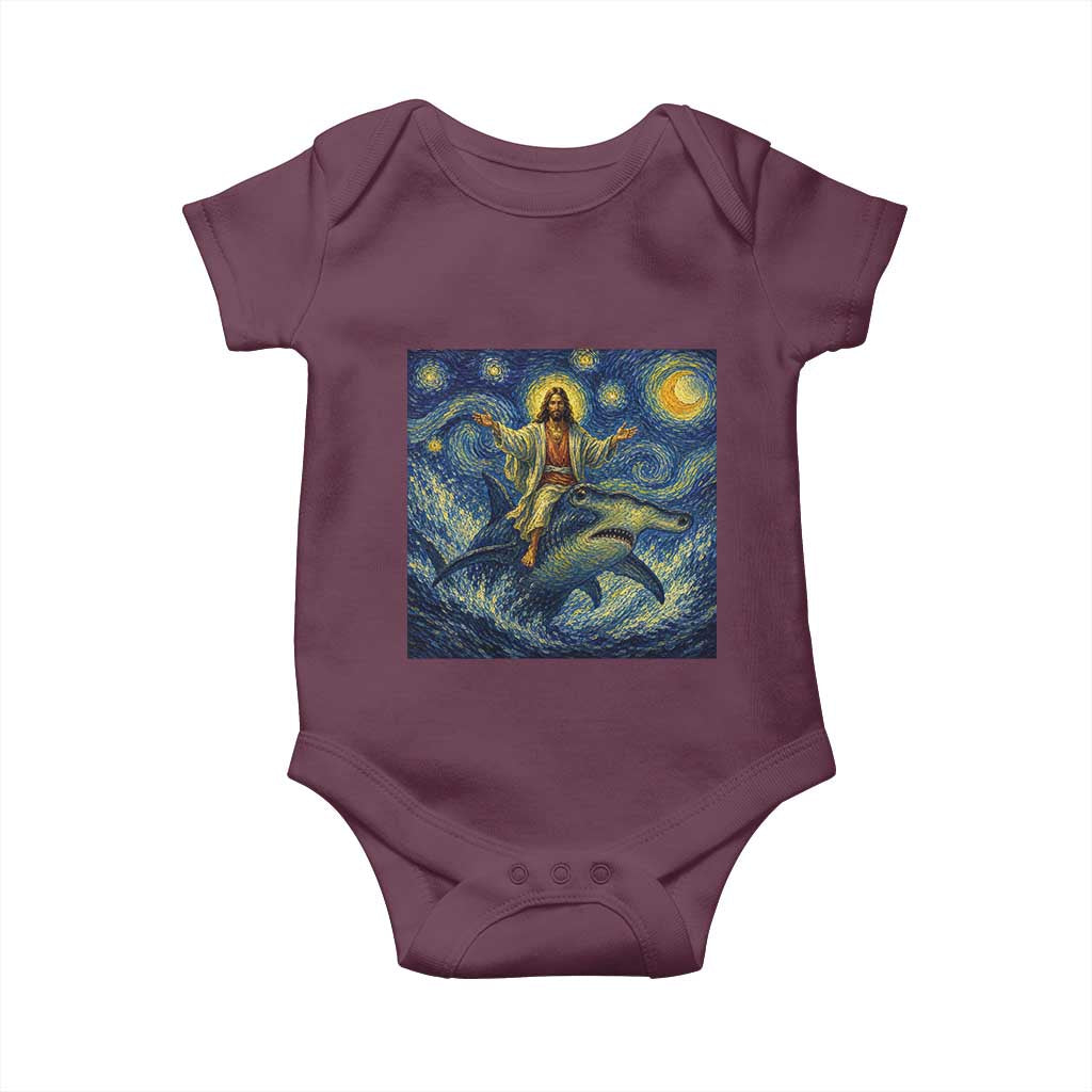 Funny Christian Jesus Riding Hammerhead Shark Baby Onesie Starry Night Inspired Art