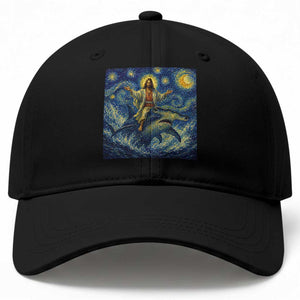 Funny Christian Jesus Riding Hammerhead Shark Baseball Cap Starry Night Inspired Art