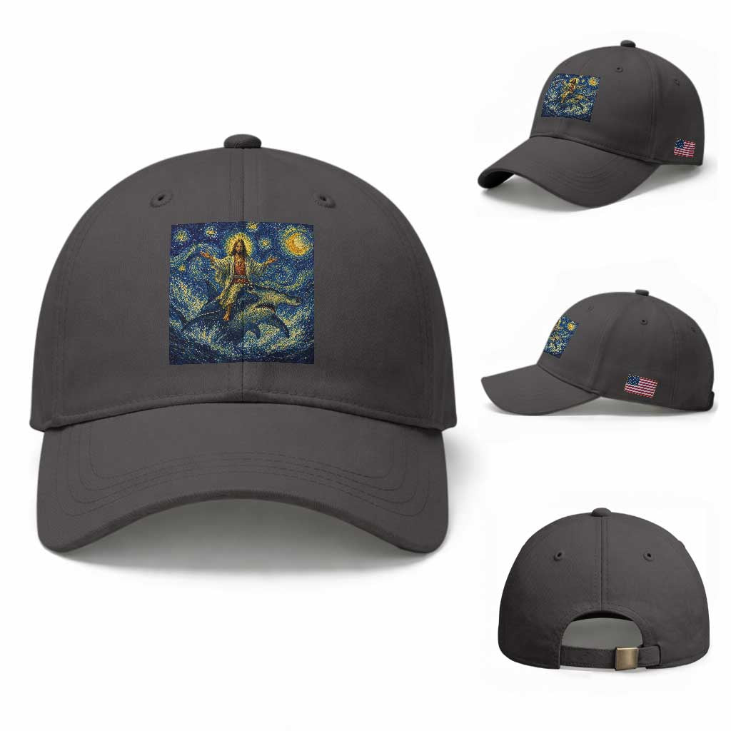 Funny Christian Jesus Riding Hammerhead Shark Baseball Cap Starry Night Inspired Art