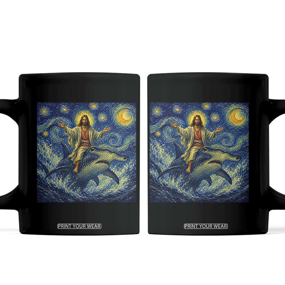 Funny Christian Jesus Riding Hammerhead Shark Coffee Mug Starry Night Inspired Art