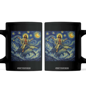 Funny Christian Jesus Riding Hammerhead Shark Coffee Mug Starry Night Inspired Art