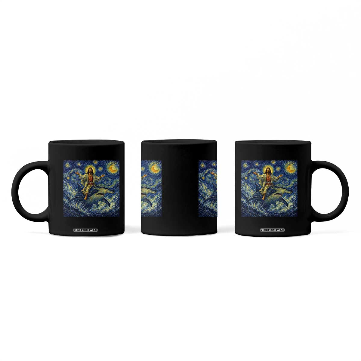 Funny Christian Jesus Riding Hammerhead Shark Coffee Mug Starry Night Inspired Art