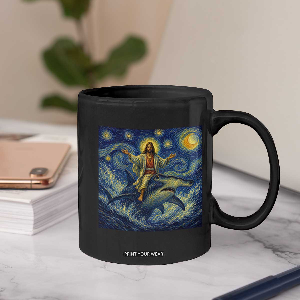 Funny Christian Jesus Riding Hammerhead Shark Coffee Mug Starry Night Inspired Art