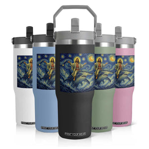 Funny Christian Jesus Riding Hammerhead Shark Flip Straw Tumbler Starry Night Inspired Art