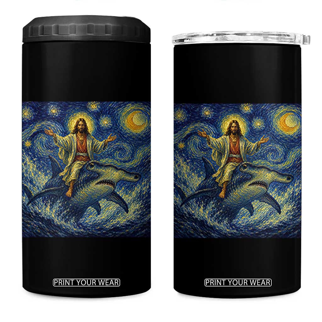 Funny Christian Jesus Riding Hammerhead Shark 4 in 1 Can Cooler Tumbler Starry Night Inspired Art