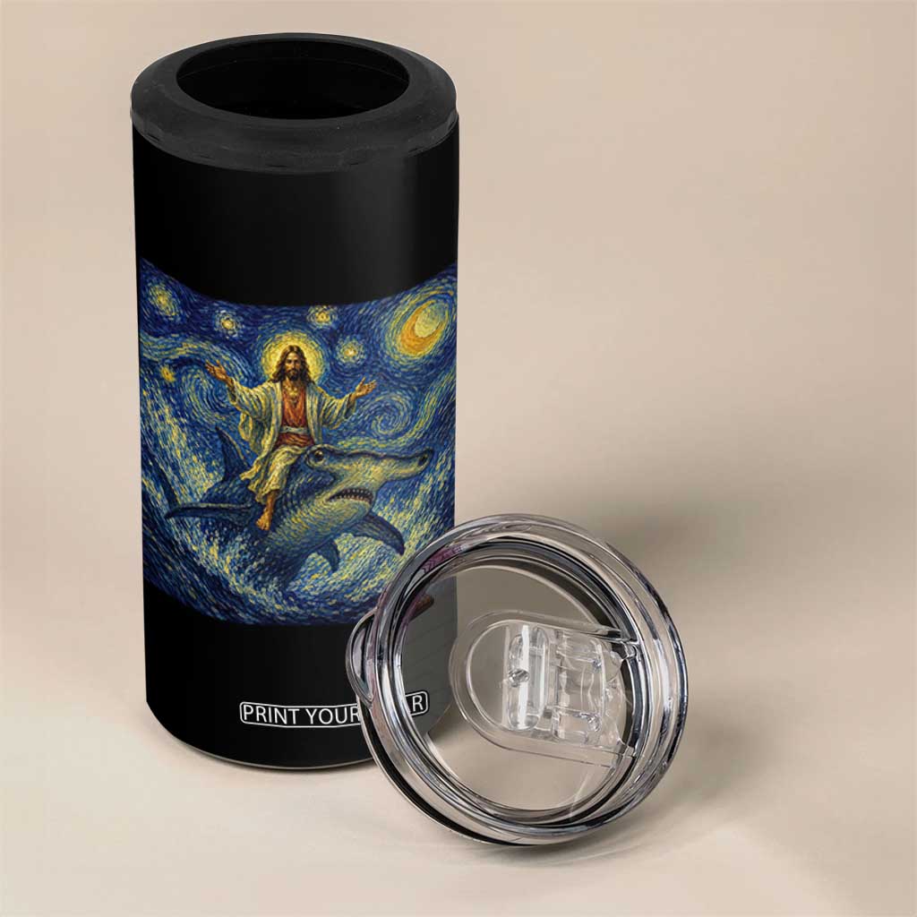 Funny Christian Jesus Riding Hammerhead Shark 4 in 1 Can Cooler Tumbler Starry Night Inspired Art
