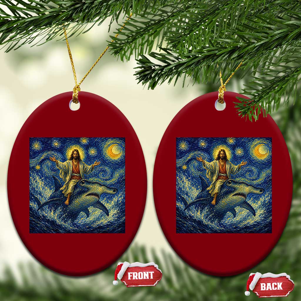 Funny Christian Jesus Riding Hammerhead Shark Ceramic Ornament Starry Night Inspired Art