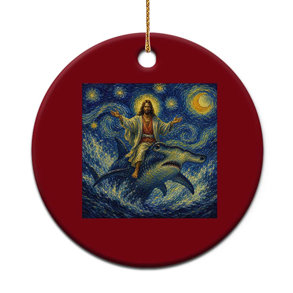 Funny Christian Jesus Riding Hammerhead Shark Ceramic Ornament Starry Night Inspired Art